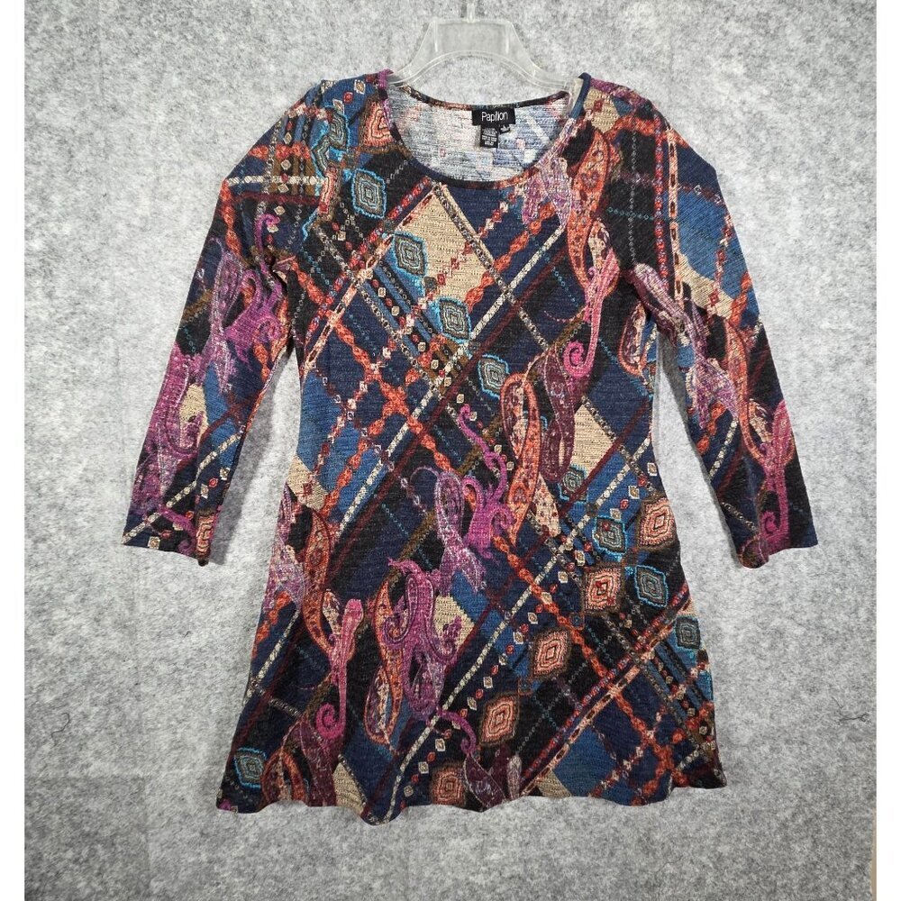 Papillon Women's Tunic Mini Dress Long Sleeve Pullover Multi Size L Lagenlook